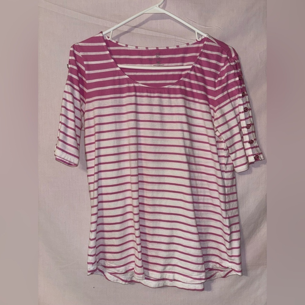 New York & Company Pink and White Striped Long Sleeve Top